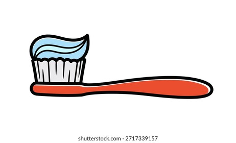 Ilustración linda de la historieta del cepillo de dientes con la pasta de dientes en estilo juguetón. Perfecto para el diseño de cuidado dental, la educación de los niños, carteles de salud, pegatinas, infografías y gráficos temáticos de higiene oral.