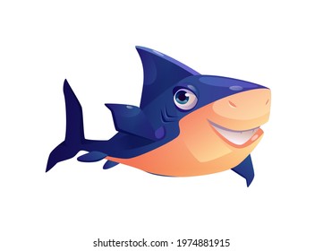 Cute toothed shark isolated cartoon underwater animal, childish character with eyes and broad smile. Vector blue toothy shark mascot, dangerous creature l with jaws, giant marine scary predator fish