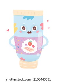 Cute toothpaste character vector illustration. Cartoon funny wash paste for strong tooth of children, toothache protection, dental care and whitening isolated on white. Kids oral hygiene concept