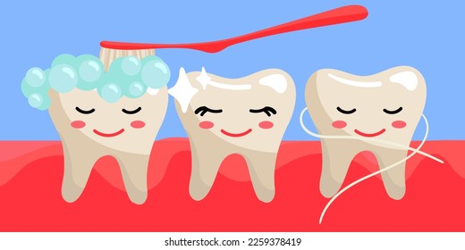 Cute toothy emoticons on the gums. Brush your teeth with a toothbrush with foam and dental floss. Clean, even, joyful teeth with emotions. Dental floss, paste, glitter. Flat style on a blue background