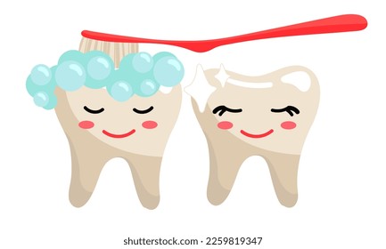 Cute toothy emoticons. They brush their teeth with a toothbrush with foam. Clean, even, joyful teeth with emotions. Dental floss and teeth with shine. In a flat style on a white background