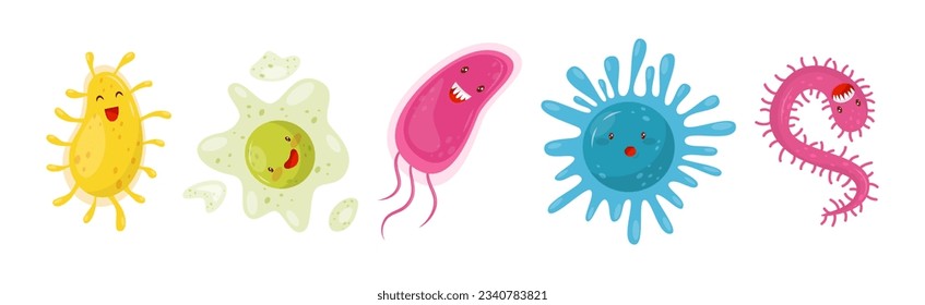 Cute Toothy Germs and Bacteria or Microbes Vector Set