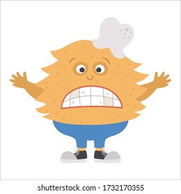 Cute toothy monster with dirty ill teeth. Funny unhappy character. Creature with unhealthy aching tooth for kids. Dental care picture for children. Dentist clinic clipart with mouth hygiene concept