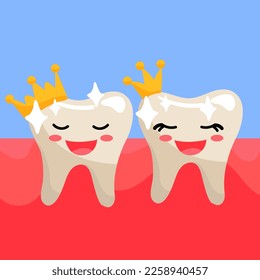 Cute toothy smiling teeth with crowns. Clean, even, joyful teeth with emotions. A girl and a boy and an inscription. Teeth in a flat style on a blue background of gums