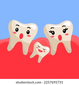 Cute toothy surprised growing. Crooked, surprised teeth with emotions. In the gum, a girl, a boy are surprised and a joyful growing small tooth on a blue background. Teeth in a flat style