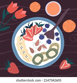 cute top view cartoon vector illustration with breakfast smoothie bowl with fruits, flowers and orange juice on wooden table