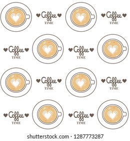 cute top view coffee cups flat lay seamless vector pattern background illustration