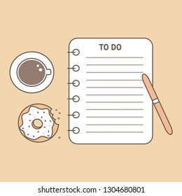 cute top view vector flat illustration with To Do list notebook with pen, donut and coffee cup