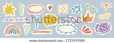 Cute torn paper doodle stickers collection. Playful hand drawn icon set. Sketch accents for collage scrapbook design. Kids childish fun symbols. Colorful speech bubble, crown, star, highlight element