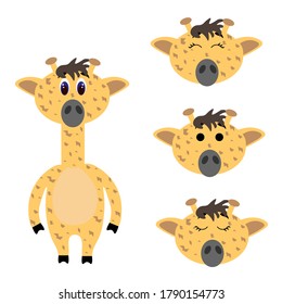 Un torso lindo de una jirafa con cabezas extra aisladas en fondo blanco. Emociones animales. Animales salvajes de áfrica. Ilustración vectorial para libros y revistas, ropa, telas, postales