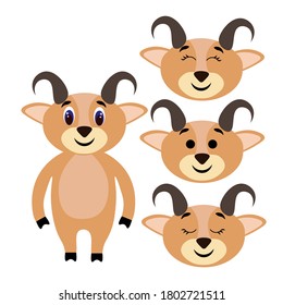 Cute torso of a goat with extra heads isolated on white background. Animal emotions. Lovely pets. Stock vector illustration for books and magazines, clothes, fabrics, postcards, internet.	