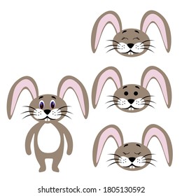 Cute torso of a hare with extra heads isolated on white background. Animal emotions. Lovely pets. Stock vector illustration for books and magazines, clothes, fabrics, postcards, internet.	