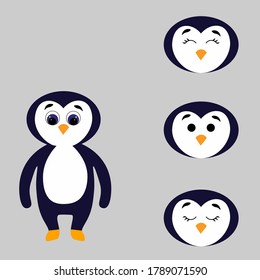 Cute torso of a penguin with extra heads isolated on white background. Animal emotions. Cute wild animals. Stock vector illustration for books and magazines, clothes, fabrics, postcards, internet.