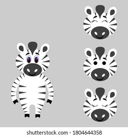 Cute torso of a zebra with extra heads isolated on white background. Animal emotions. Cute wild animals of africa. Stock vector illustration for books and magazines, clothes, fabrics, postcards	