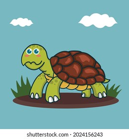 Cute tortoise hanging on the land illustration