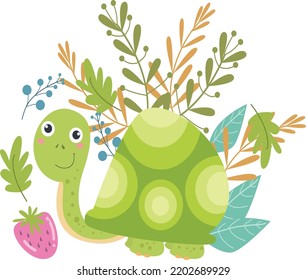 cute tortoise with ornamental plants, illustration vector graphic