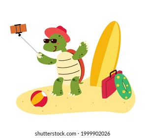 A cute tortoise take a picture on vacation cartoon character isolated flat vector illustration. Hello summertime. Happy vacation on the beach.