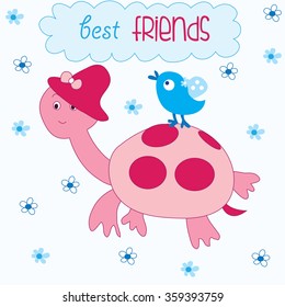 cute tortoise whit blue bird and flowers vector illustration