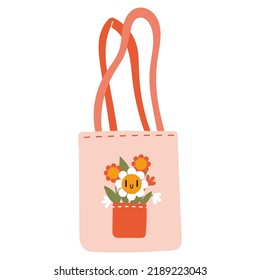 Bolsa Cute Tote, bolsa ecológica con flores, estilo de dibujos animados. Ilustración vectorial moderna de moda aislada en fondo blanco, dibujado a mano, diseño plano.