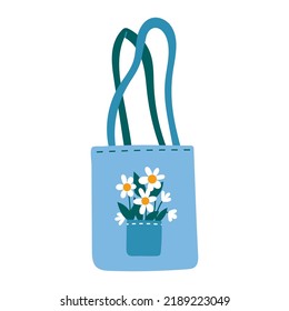 Cute Tote Tag, Öko-Tasche mit Blumen, Cartoon-Stil. Moderne, moderne Vektorgrafik einzeln auf weißem Hintergrund, handgezeichnet, flaches Design.