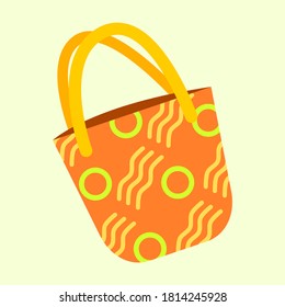 Cute tote bag icon with line and circle pattern. Bag vector illustration with orange color