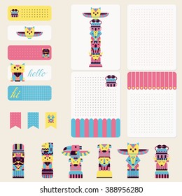 Cute totem animals. Creative cards, tape, stickers, labels, printable card for organized planner. Template for planner, scrapbooking, wrapping, wedding invitation, notebooks, diary, journals Card. 