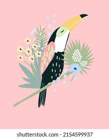 Cute toucan background with flowers and palm leaf. Cute illustration for girls, baby, or kids.