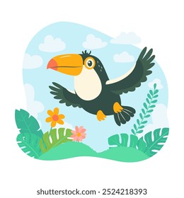 Cute Toucan Bird Animal Flying with Flower Floral in the Park