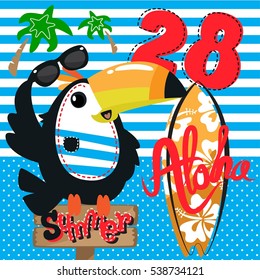 Cute toucan bird cartoon with sunglasses sitting on blank wooden board vector.