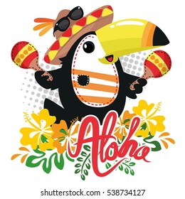 Cute toucan bird cartoon wearing a mexican sombrero hat and playing maracas with bouquet of tropical flowers isolated on white background vector.