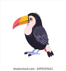 Cute toucan bird for childish prints, happy birthday and party invitation designs. Textured hand drawn clip art isolated on a white background. A funny flat bird for kids. Vector illustration.
