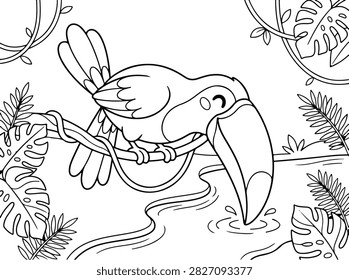 A cute toucan bird drinking water from a stream in the jungle, surrounded by tropical leaves and vines, coloring page for children.