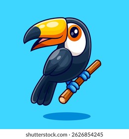 Cute Toucan Bird On Branch Cartoon Vector Icon Illustration. Animal Nature Icon Concept Isolated Premium Vector. Flat Cartoon Style