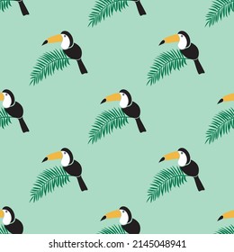 Cute Toucan bird with palm leaves isolated on light green background is in Seamless pattern - vector illustration