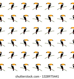Cute toucan bird seamless pattern. Sketch toucan in bird, orange colour. Forest animal doodle drawing, scandinavian cartoon, for textile, for sticker, for print, for web