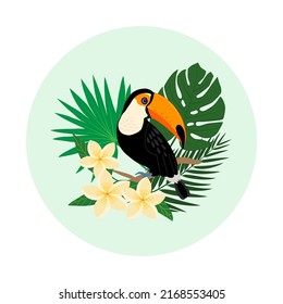 Cute toucan bird sitting on a tropical branch with exotic leaves and flowers of plumeria. Bright colorful vector illustration in cartoon style