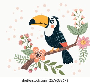 Cute toucan bird sitting on branch with leaves and flowers. Funny cartoon character jungle bird, nursery poster, illustration for books