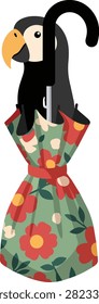 Cute Toucan Bird Umbrella Handle with Floral Pattern Vector Illustration