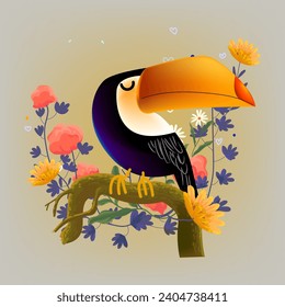 Cute toucan birds flowers and leaves hand drawn floral element isolated on white background vector illustration.