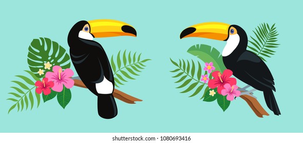 Cute toucan birds sitting on a tropical branch with exotic leaves and flowers of hibiscus and plumeria. Bright colorful vector illustration in cartoon style