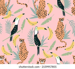Cute toucan and cheetah seamless pattern. Background with animals, birds and bananas. Wallpaper perfect for kids and children.