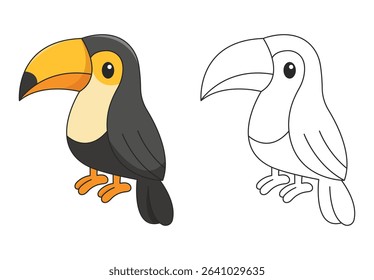 Cute toucan coloring page in a fun doodle style for kids. Ideal for tropical animal themes, preschool worksheets, printable coloring books, jungle education projects, and classroom art
