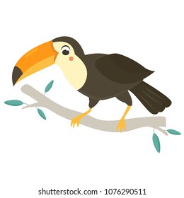 Cute toucan exotic bright poster on the branch