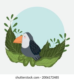 cute toucan with leaves cartoon