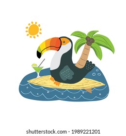 Cute Toucan on surfboard Cartoon Animal baby and children print design Vector Illustration.