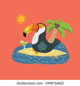 Cute Toucan on surfboard Cartoon Animal baby and children print design Vector Illustration.