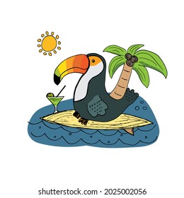Cute Toucan on surfboard Cartoon Animal baby and children print design Vector Illustration.