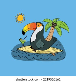 Cute Toucan on surfboard Cartoon Animal baby and children print design Vector Illustration.