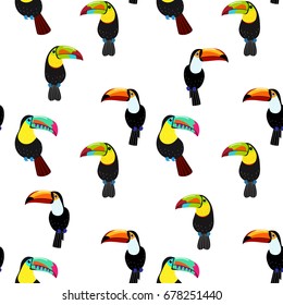 Cute toucan seamless pattern. Bird cartoon character vector set.