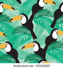 Cute toucan seamless pattern. Flat vector stock illustration. Cute bird in a wild tropical forest. Texture with toucan for printing on fabric, textile. Exotic bird as a seamless illustration